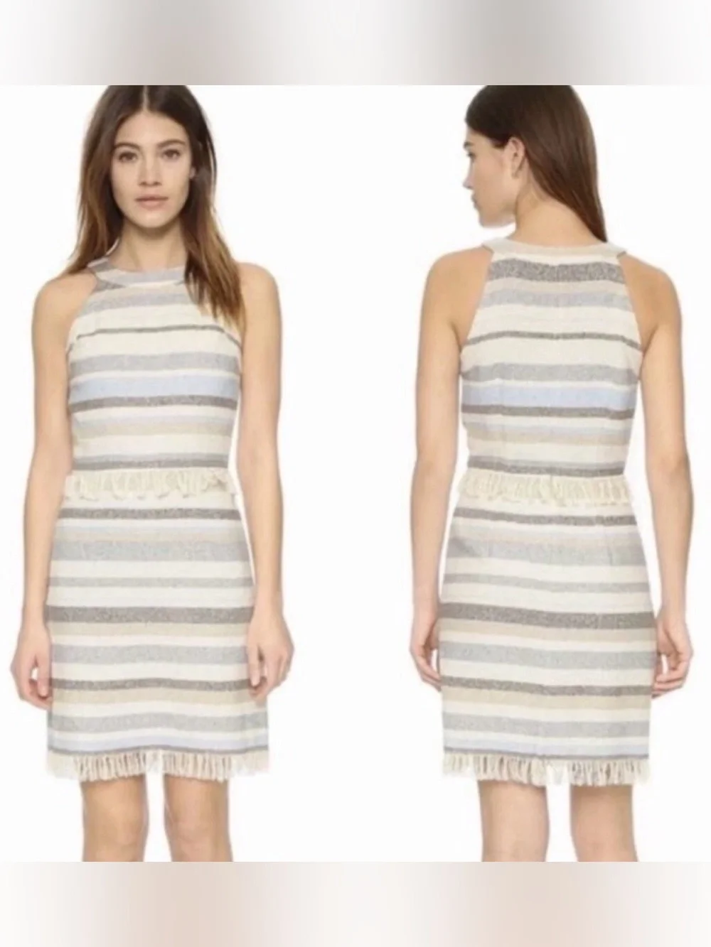 Tory Burch Sleeveless Tweed Dress Cream Grey Sky Blue Striped Fringe Trim Size 2
